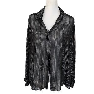 Zara Black Silver Metallic Stripe Whimsigoth‎ Fairy Sheer Blouse with Beads M